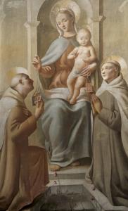 la Madonna in trono con il Bambino nell’atto di consegnare lo scapolare a San Simone Stock